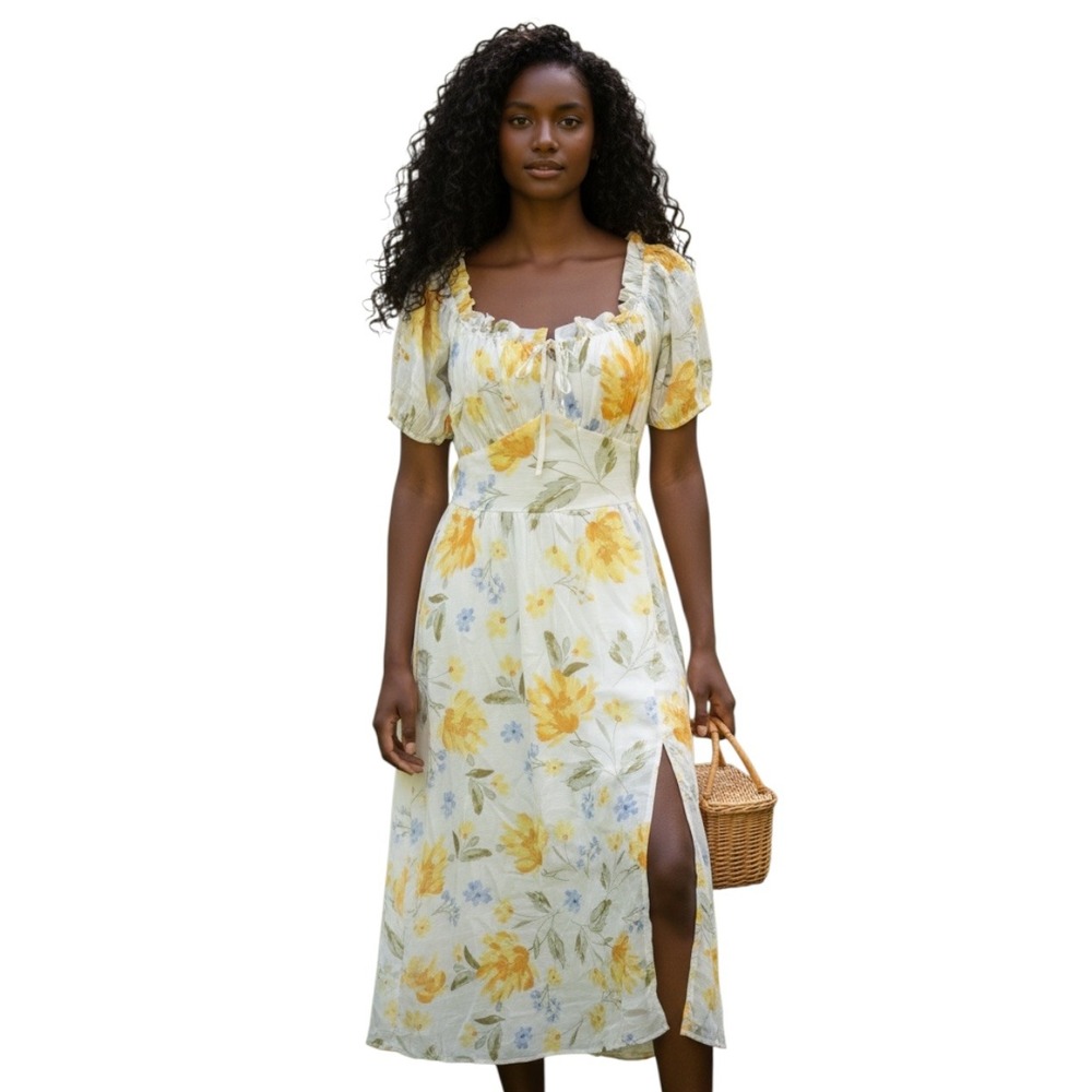As U Wish Womens Floral Milkmaid Midi Dress Yellow Sunflower Smocked Back NWT L